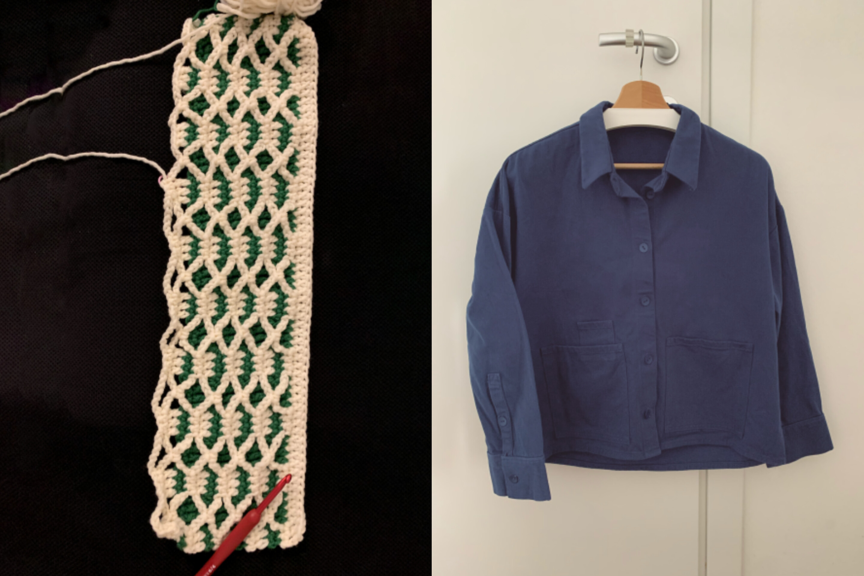 Anna Damoli craft project examples: at left, crochet with white yarn with green accents and a red hook; at right, a blue button up shirt hanging on a door knob.